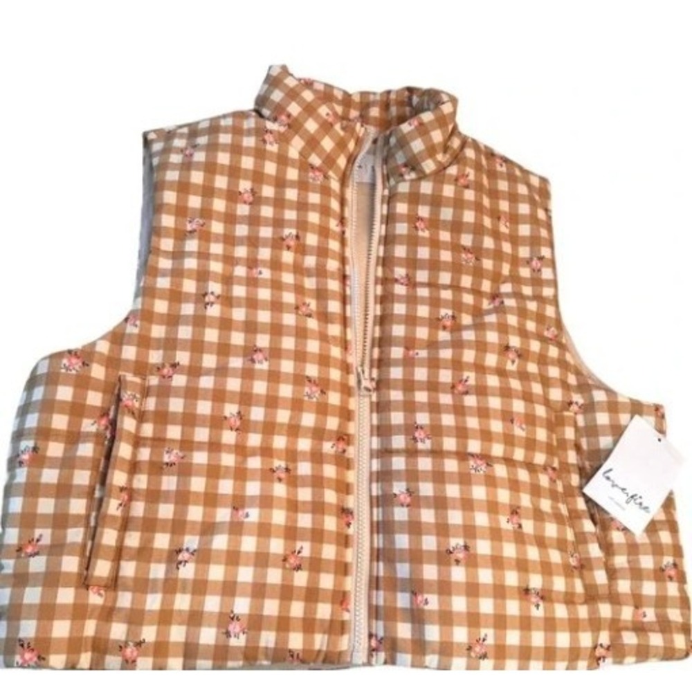 Lovefire Tan Gingham Floral Puffer Vest Sleeveless Zip Up Jacket Womens Medium
